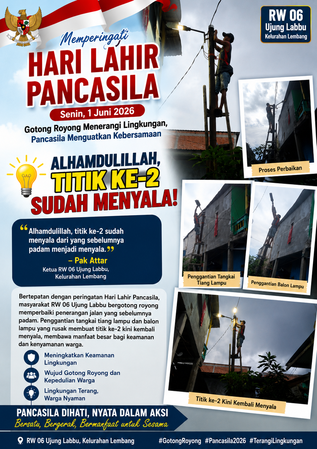 Semangat Hari Lahir Pancasila: Titik Lampu Kedua di Ujung Labbu Kembali Menyala, Wujud Gotong Royong untuk Menerangi Lingkungan
