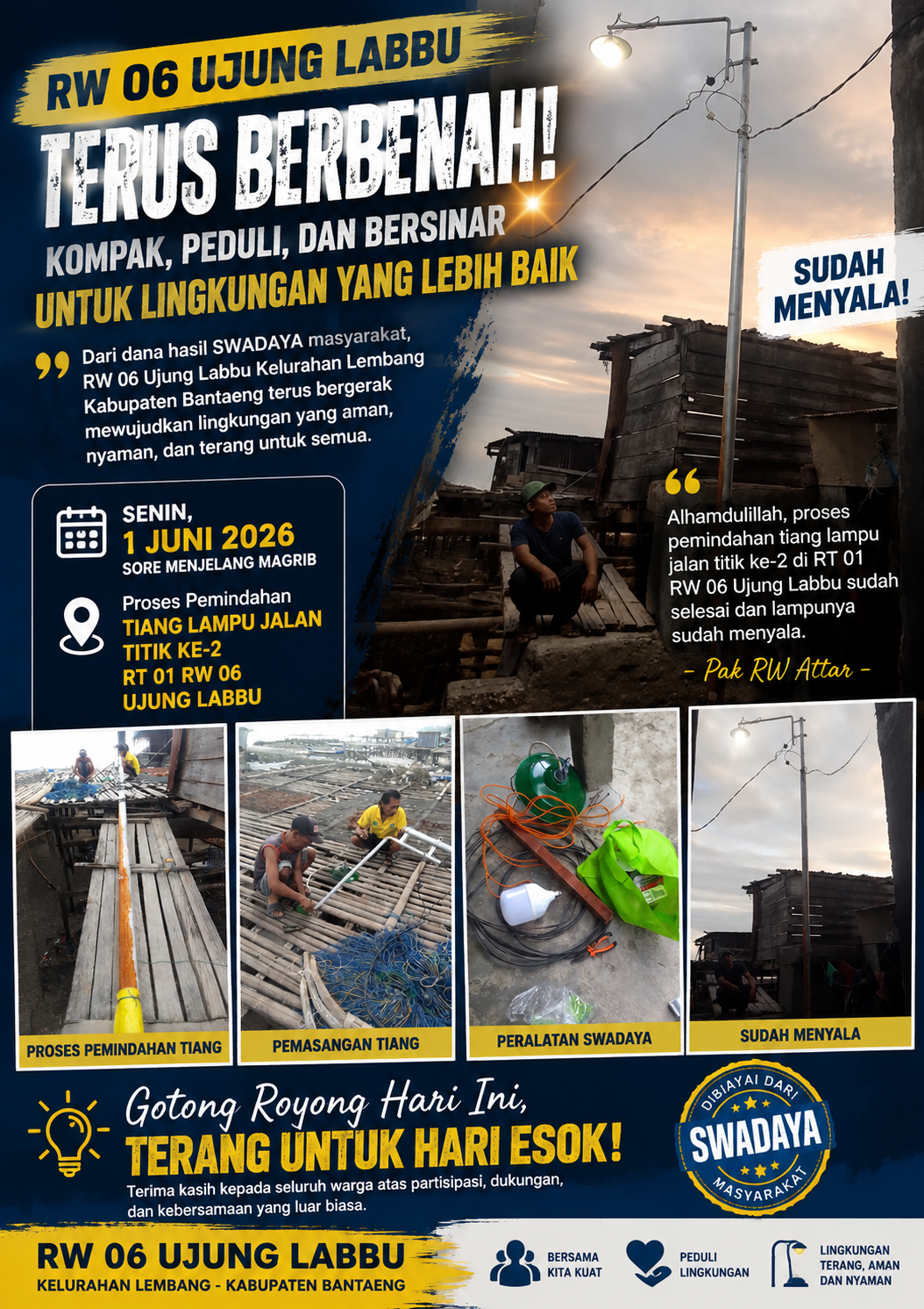 RW 06 Ujung Labbu Bersinar! Tiang Lampu Jalan Swadaya Warga Kembali Berdiri, Bukti Kekompakan yang Menginspirasi