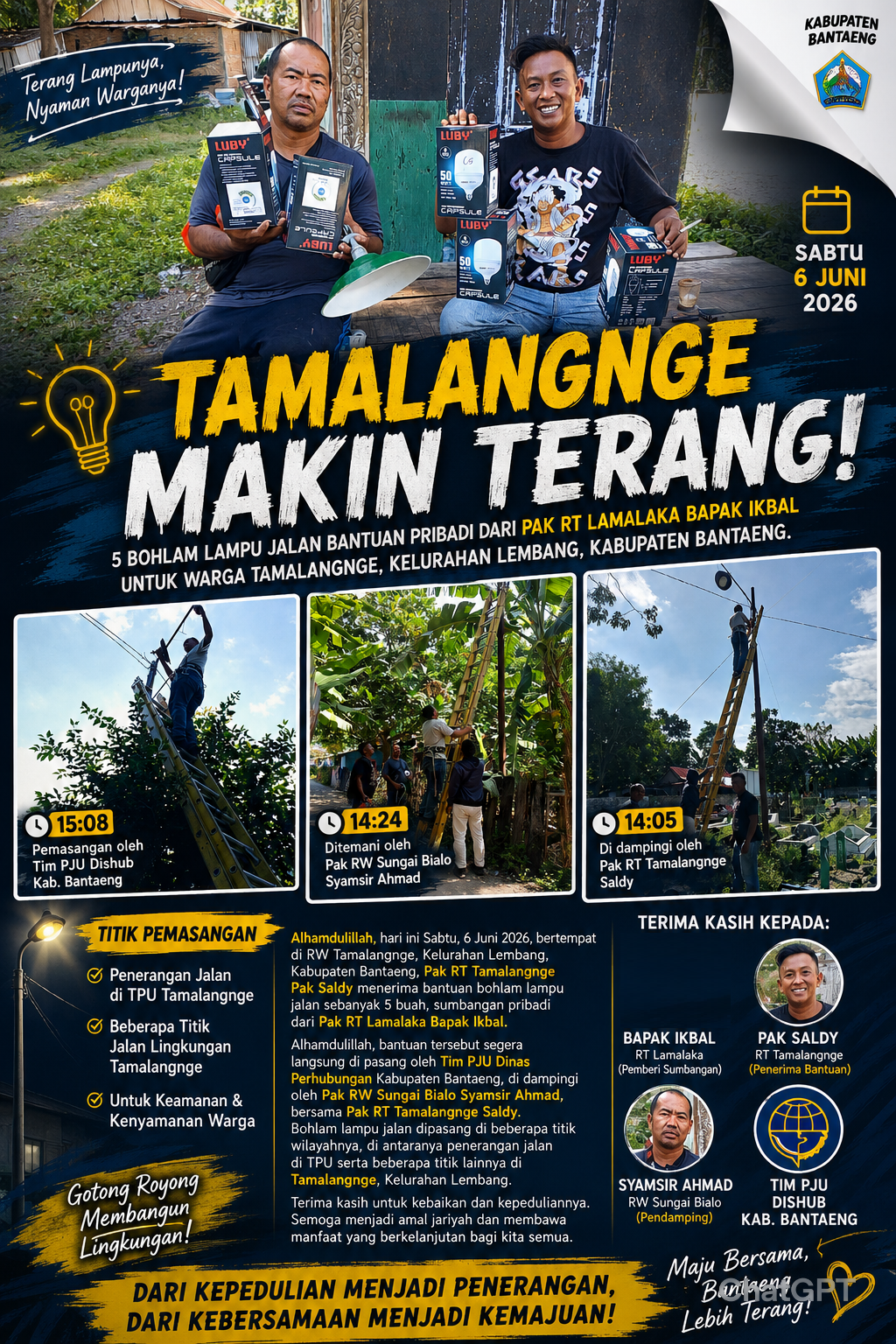 Solidaritas Antar-RT di Kelurahan Lembang Tuai Apresiasi, 5 Bohlam Lampu Jalan Langsung Terpasang untuk Terangi Tamalangnge!