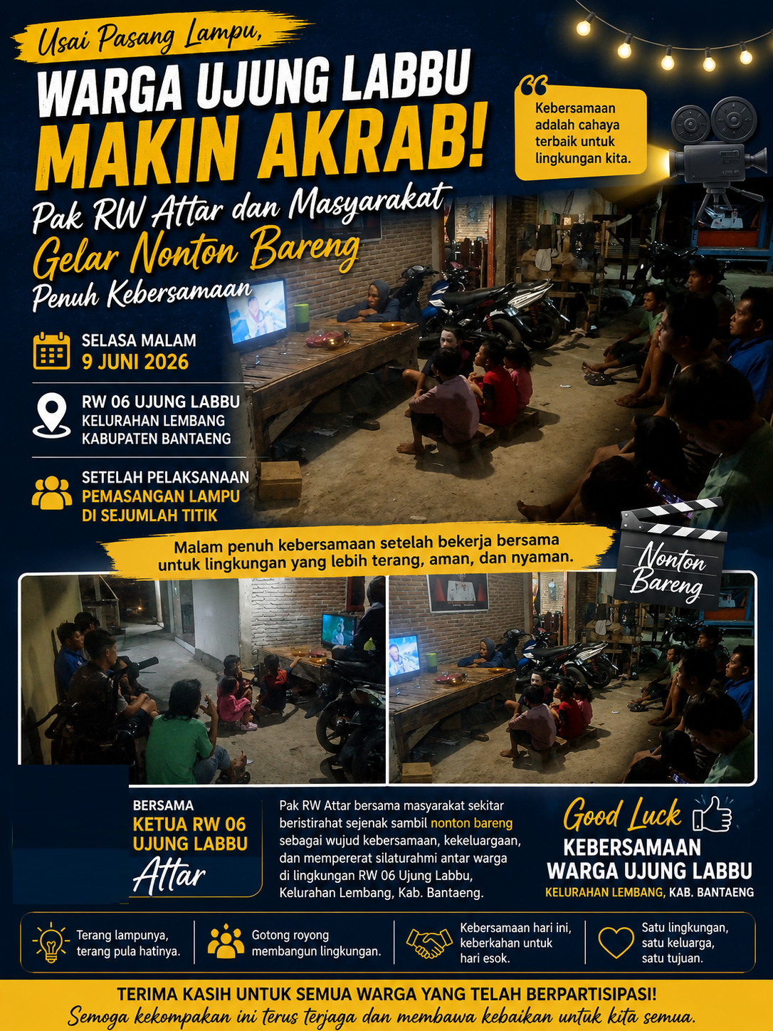 USAI PASANG LAMPU, WARGA UJUNG LABBU MAKIN AKRAB! Pak RW Attar dan Masyarakat Gelar Nonton Bareng Penuh Kebersamaan