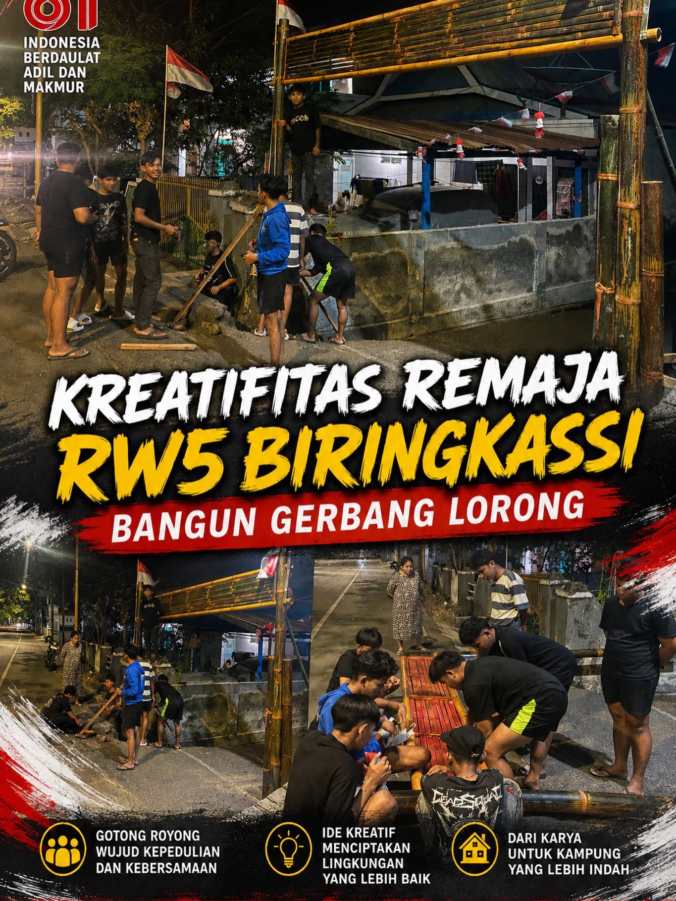 Dari Bambu Jadi Kebanggaan: Remaja RW 05 Biring Kassi Kompak Bangun Gerbang Lorong Sambut HUT RI ke-81.